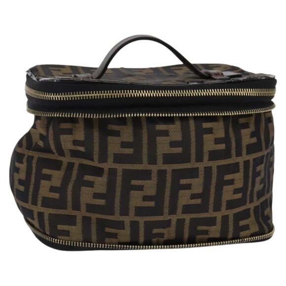 FENDI Zucca Canvas Vanity Pouch Black Brown gold Auth 145319